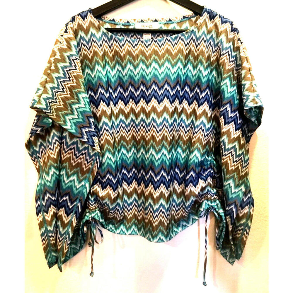 STYLE & CO. Petite Zig Zag Square Blue White Tan Top size PS